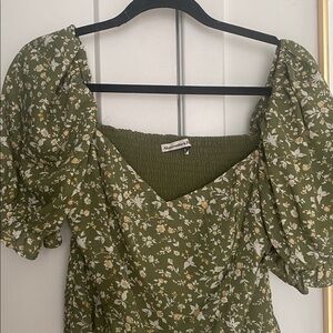 Abercrombie & Fitch Olive Floral Puff Sleeve Blouse